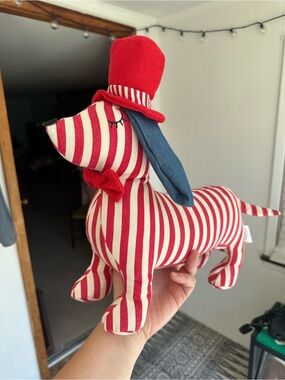 July 4th Dachshund Decor: Striped Red & Cream Dachshund Plush with Red Hat